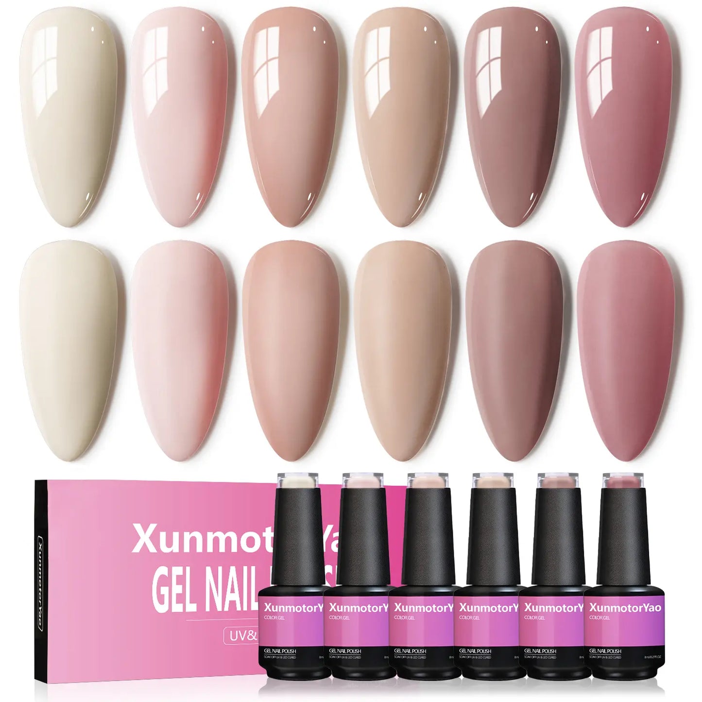 Xunmotor Gel Nail Polish Set - 6-Piece Soak Off UV LED Kit for Professional and Home Use, Fall/Winter Nail Art in Pink, Green, and Blue