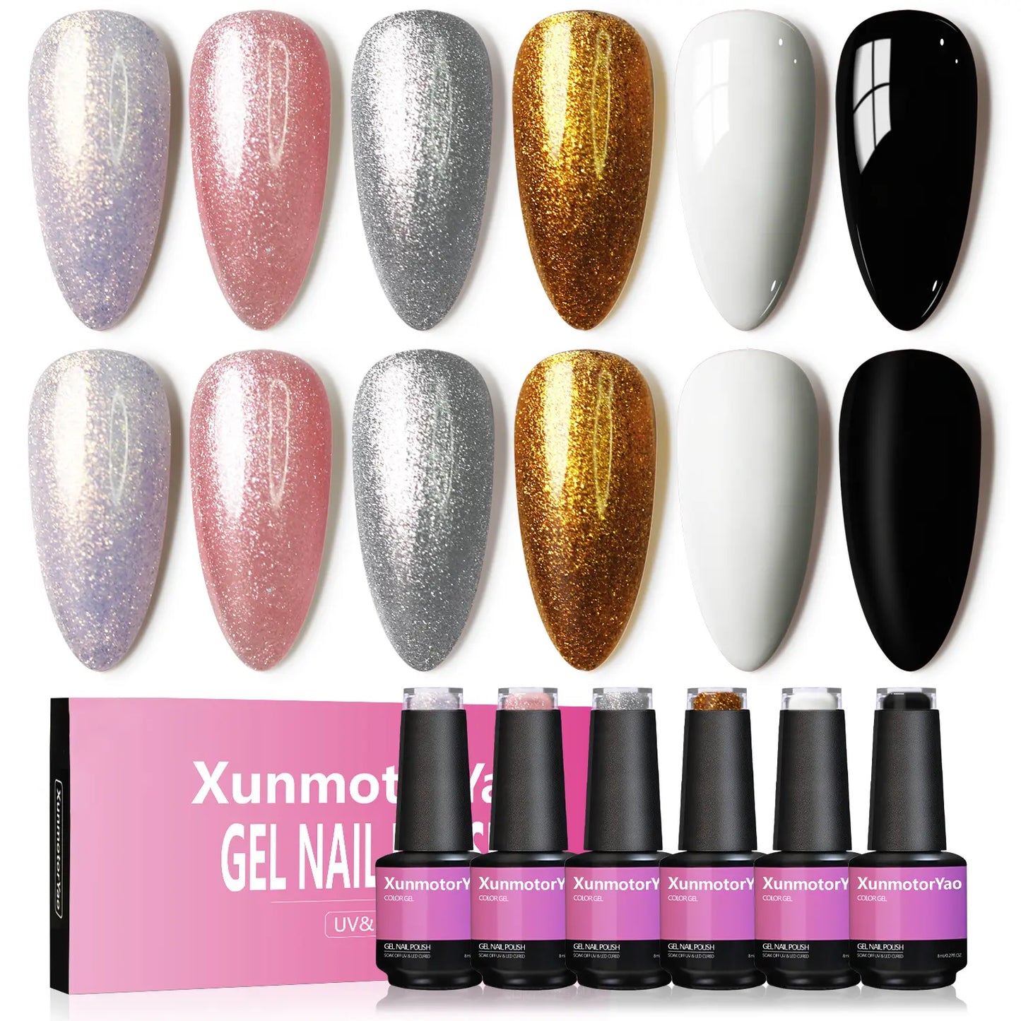 Xunmotor Gel Nail Polish Set - 6-Piece Soak Off UV LED Kit for Professional and Home Use, Fall/Winter Nail Art in Pink, Green, and Blue