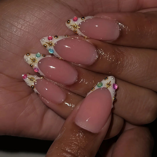 24 Reusable Almond-Shaped Press-On Nails with Nude Base, French Tips, and Rhinestone Accents for Women