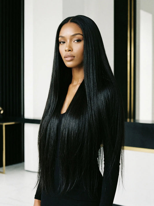 30-Inch Straight Lace Front Wig with Natural Black Color, Pre-Plucked Hairline, 50% Hair Blend, Handmade, Heat-Resistant, Glueless Human Hair