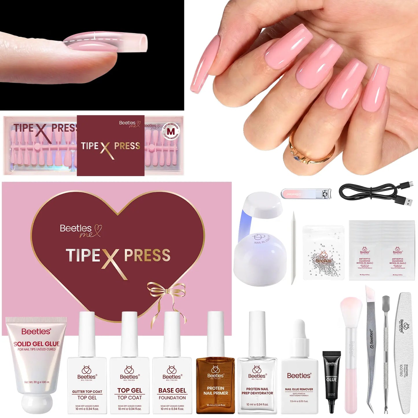 Beetles Tipex Press-On Nail Kit - 160 Pieces, 16 Sizes, Complete DIY Set with UV Lamp, Glue Gel, and Tools for Strong, Thick Nails with Built-In Apex - Perfect Gift for Her